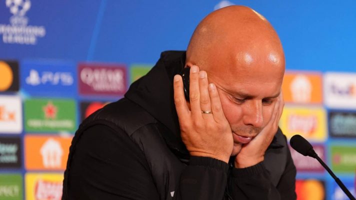 Liverpool manager Arne Slot looks fed up during a Champions League press conference