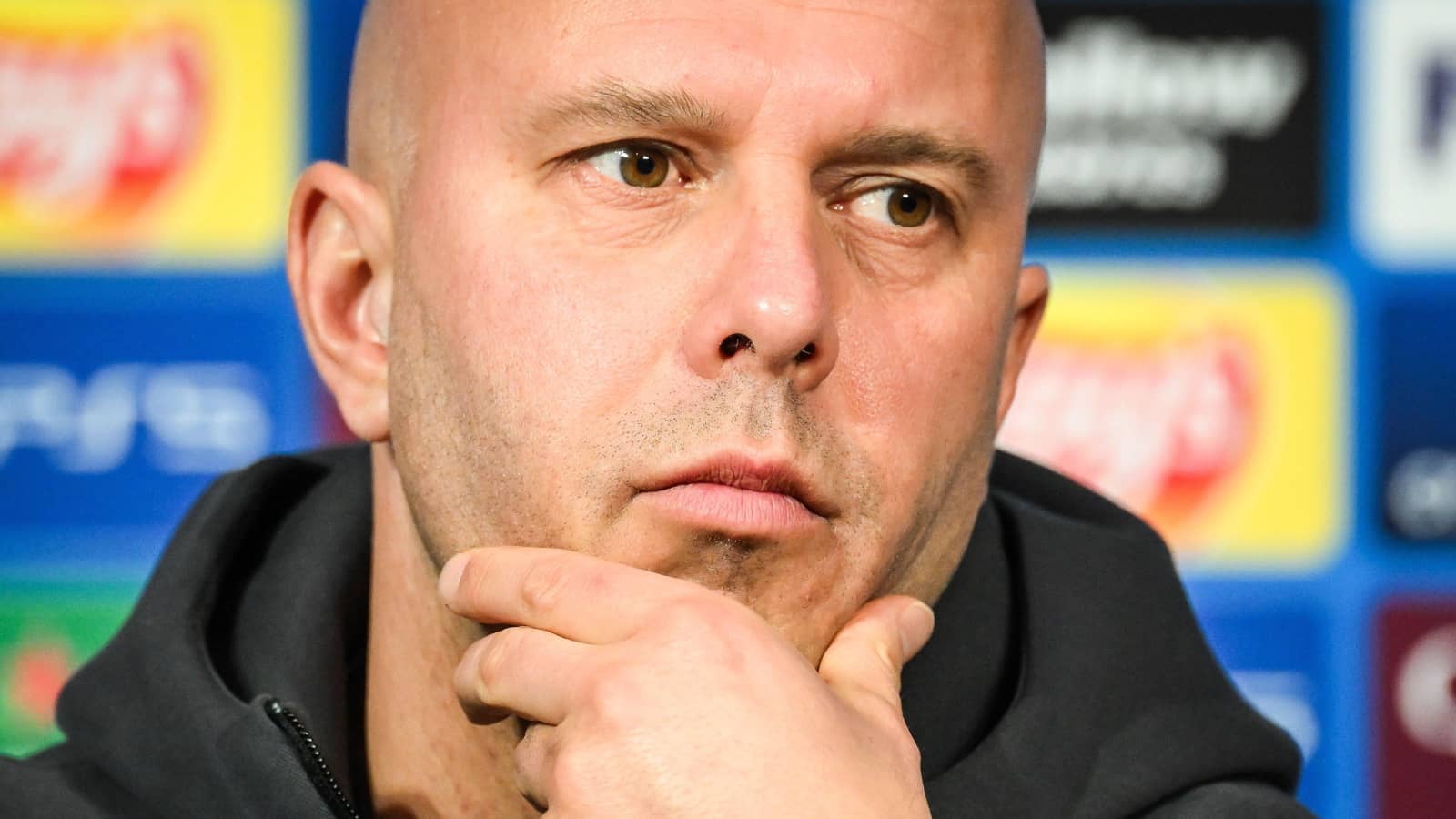 Liverpool manager Arne Slot, pictured during a Champions League press conference has come under pressure after a poor run of form