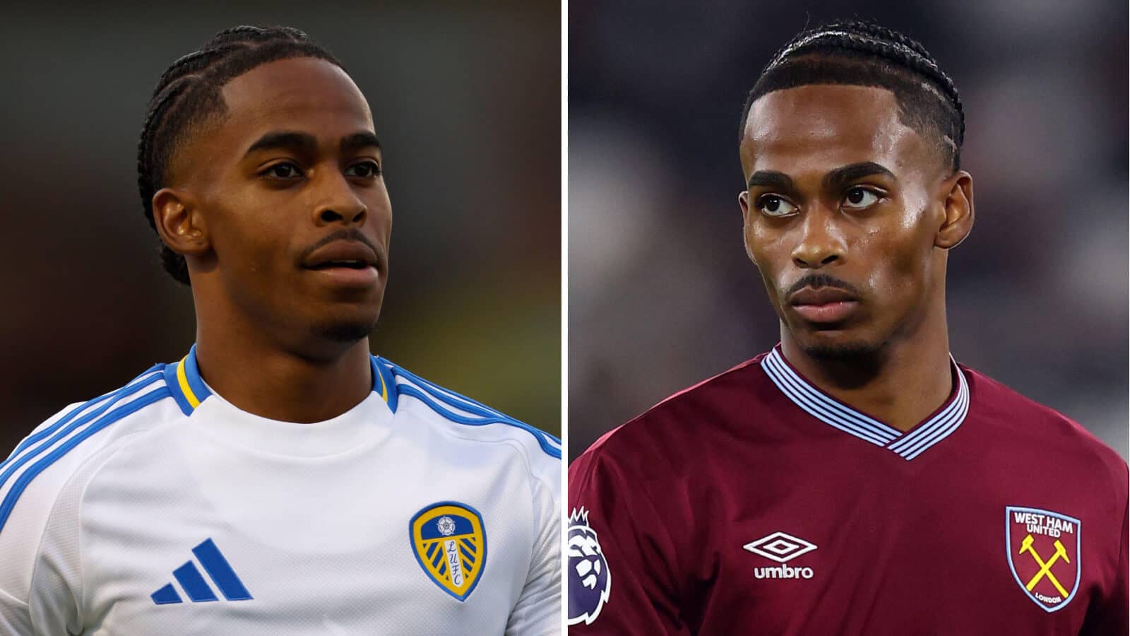 Crysencio Summerville pictured in his Leeds days and in his current West Ham shirt