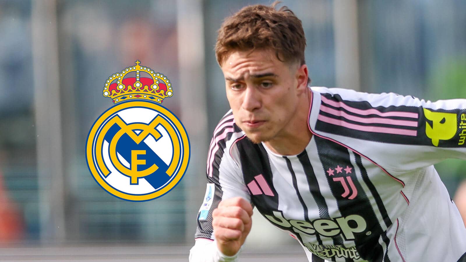 Juventus star Kenan Yildiz next to the Real Madrid badge - copyright TEAMtalk