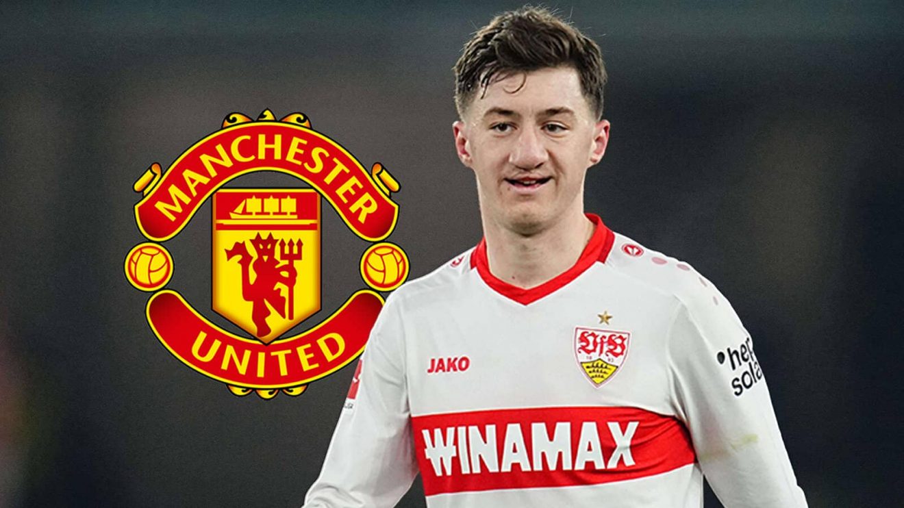 VfB Stuttgart midfielder Angelo Stiller is a 2026 target for Manchester United, pictured here next to the Man Utd club crest