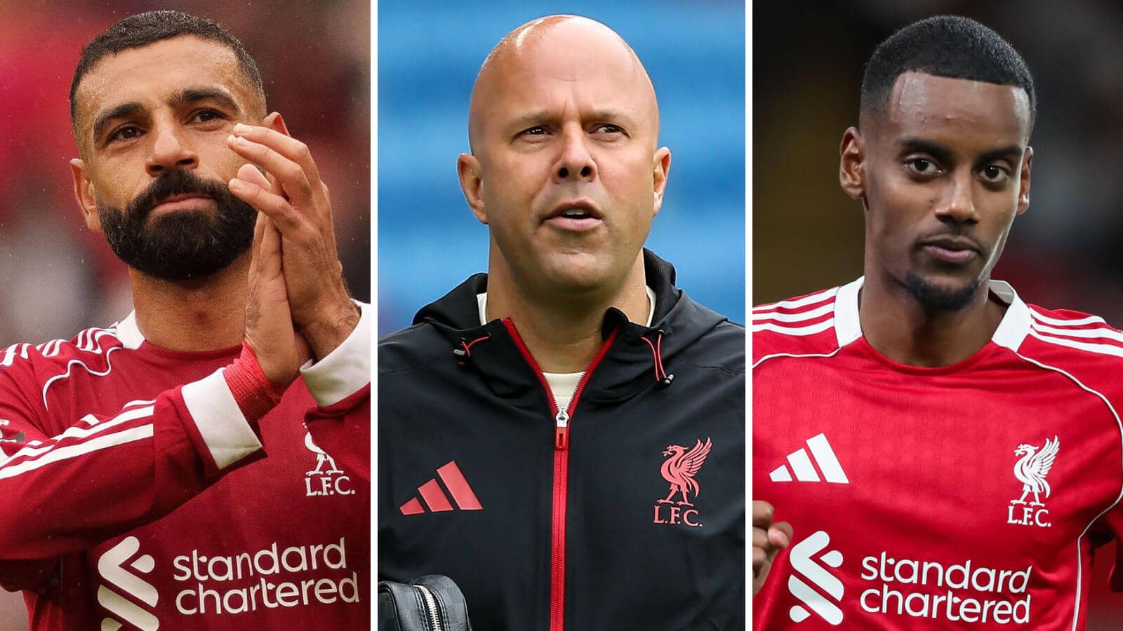 Liverpool stars Mohamed Salah and Alexander Isak either side of manager Arne Slot