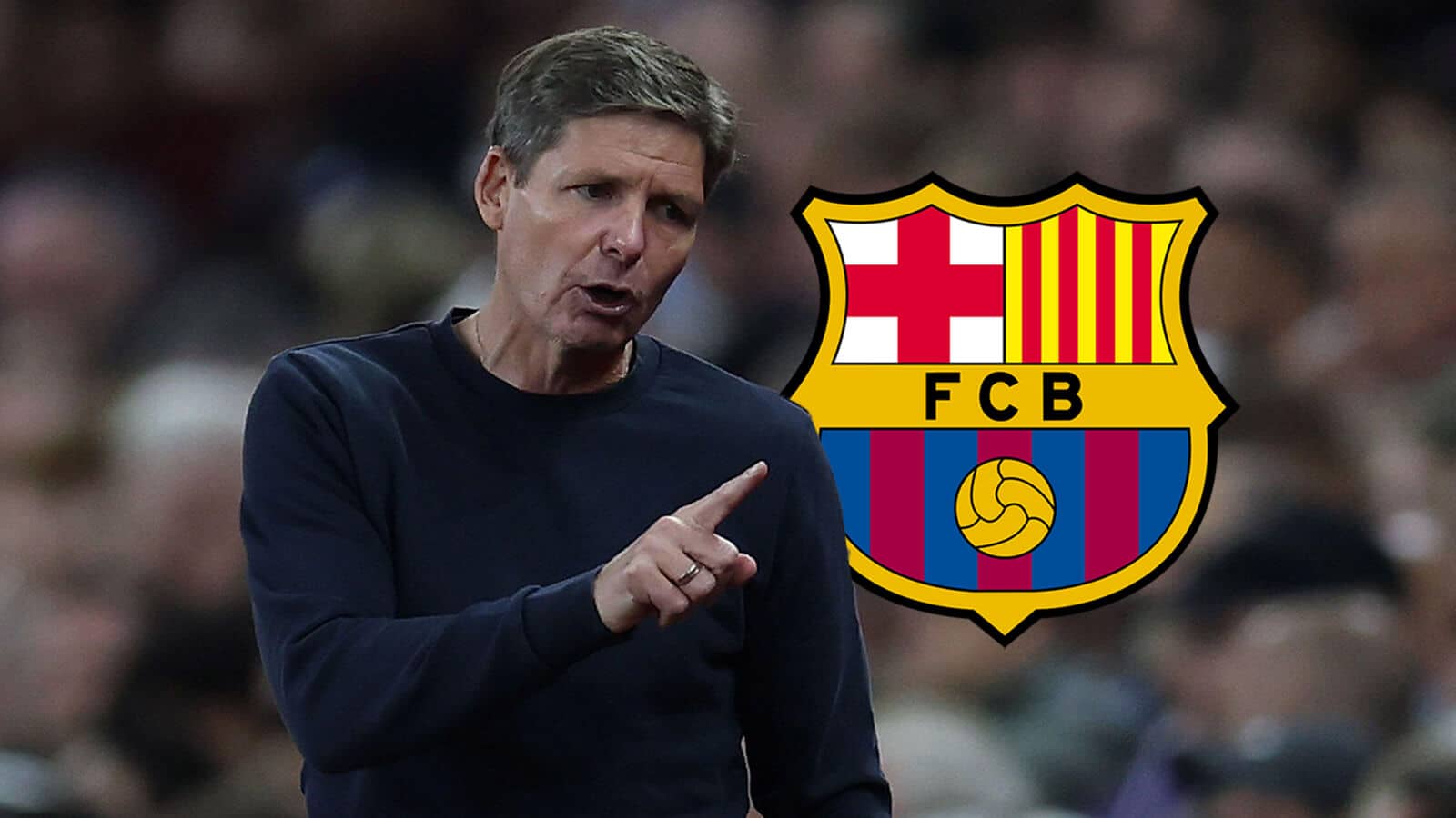 Crystal Palace manager Oliver Glasner with a Barcelona badge