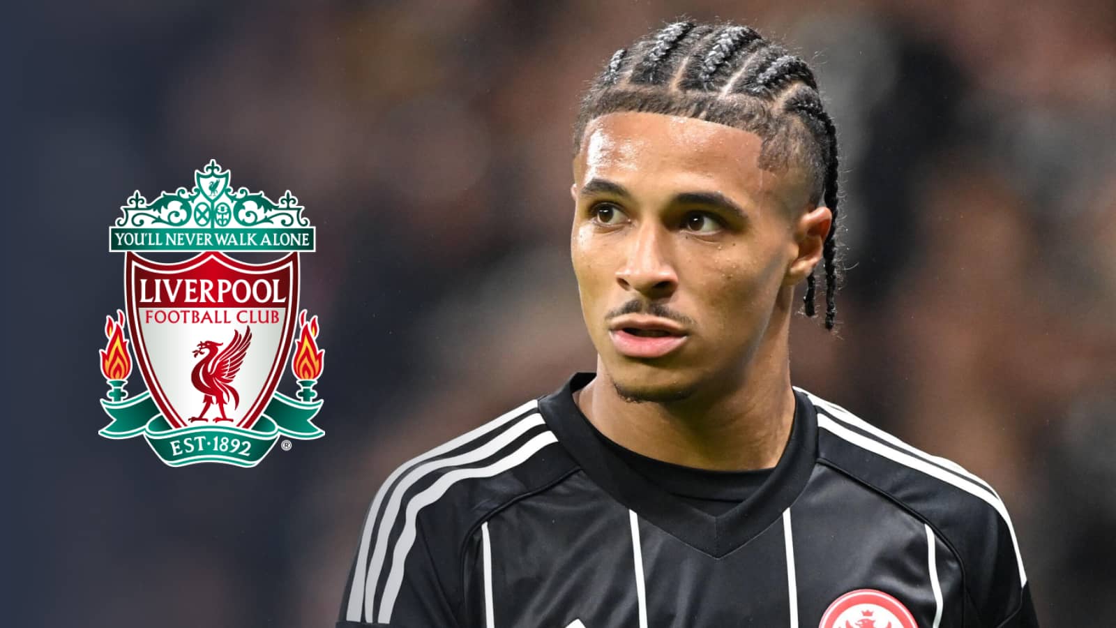 Eintracht Frankfurt star Jean-Matteo Bahoya with a Liverpool badge