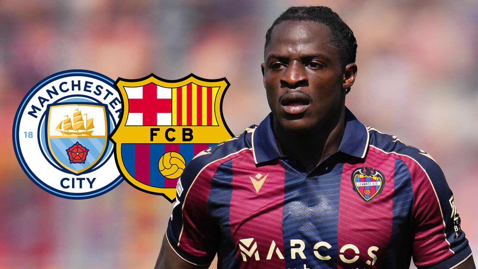 Karl Etta Eyong with Man City and Barcelona badges