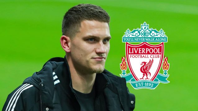 Newcastle defender Sven Botman next to the Liverpool club crest amid reports he is wanted by the Premier League champions in 2026