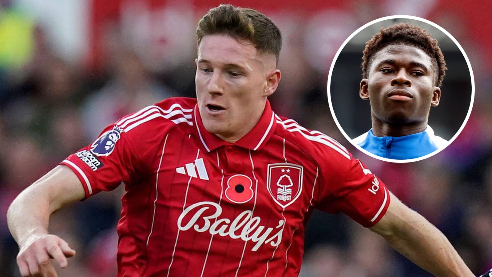 Elliot Anderson playing for Nottingham Forest, with Brighton's Carlos Baleba inset