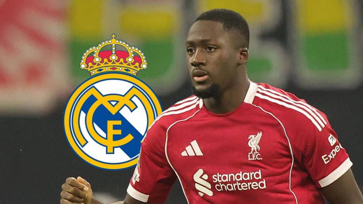 Liverpool defender Ibrahima Konate alongside the Real Madrid badge