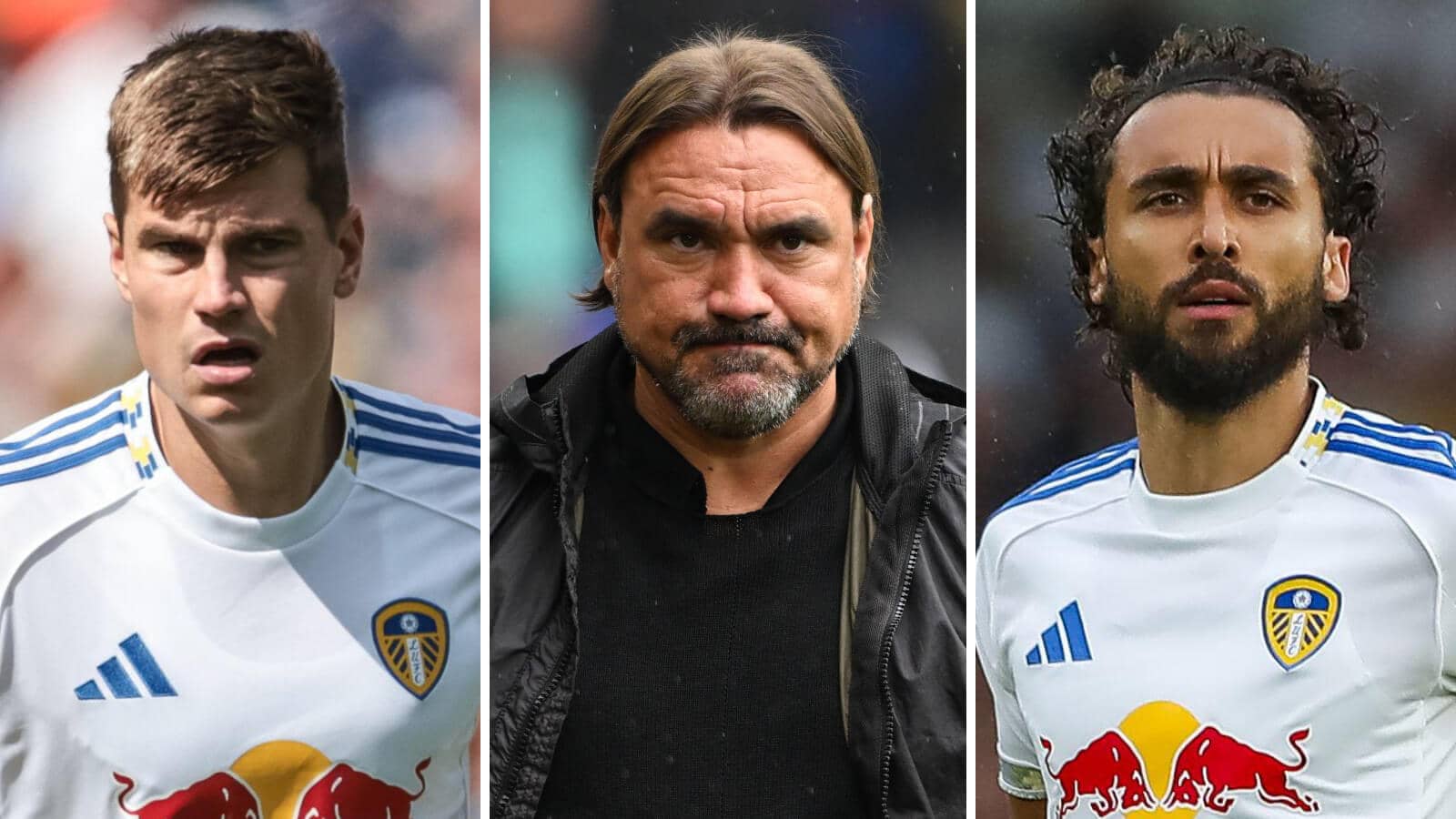 Leeds manager Daniel Farke next to summer signings Jaka Bijol (left) and Dominic Calvert-Lewin (right)