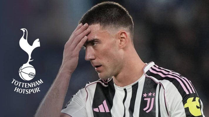 Juventus striker Dusan Vlahovic alongside a Tottenham badge