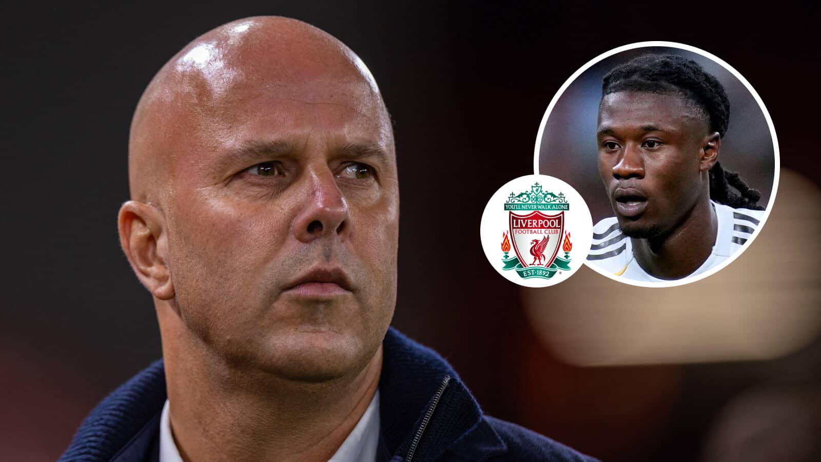 Liverpool manager Arne Slot alongside reported target, Real Madrid's Eduardo Camavinga, inset and the Liverpool club crest