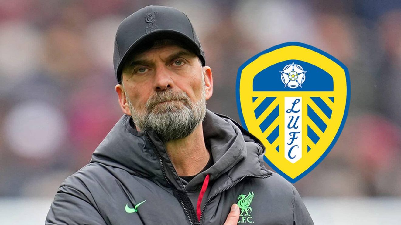 Former Liverpool manager Jurgen Klopp next to the Leeds United club crest amid links to the Elland Road hotseat