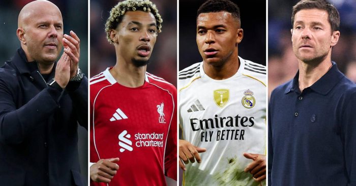 Liverpool manager Arne Slot and striker Hugo Ekitike alongside Real Madrid coach Xabi Alonso and forward Kylian Mbappe