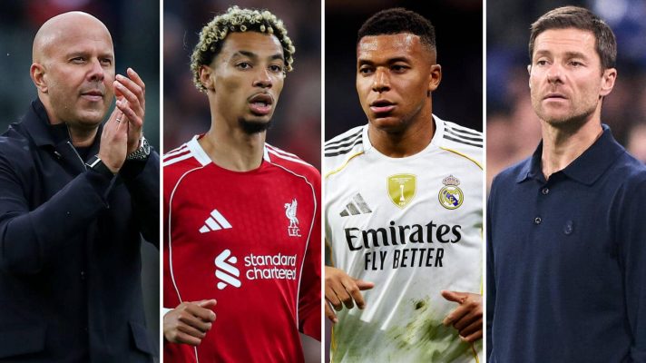 Liverpool manager Arne Slot and striker Hugo Ekitike alongside Real Madrid coach Xabi Alonso and forward Kylian Mbappe