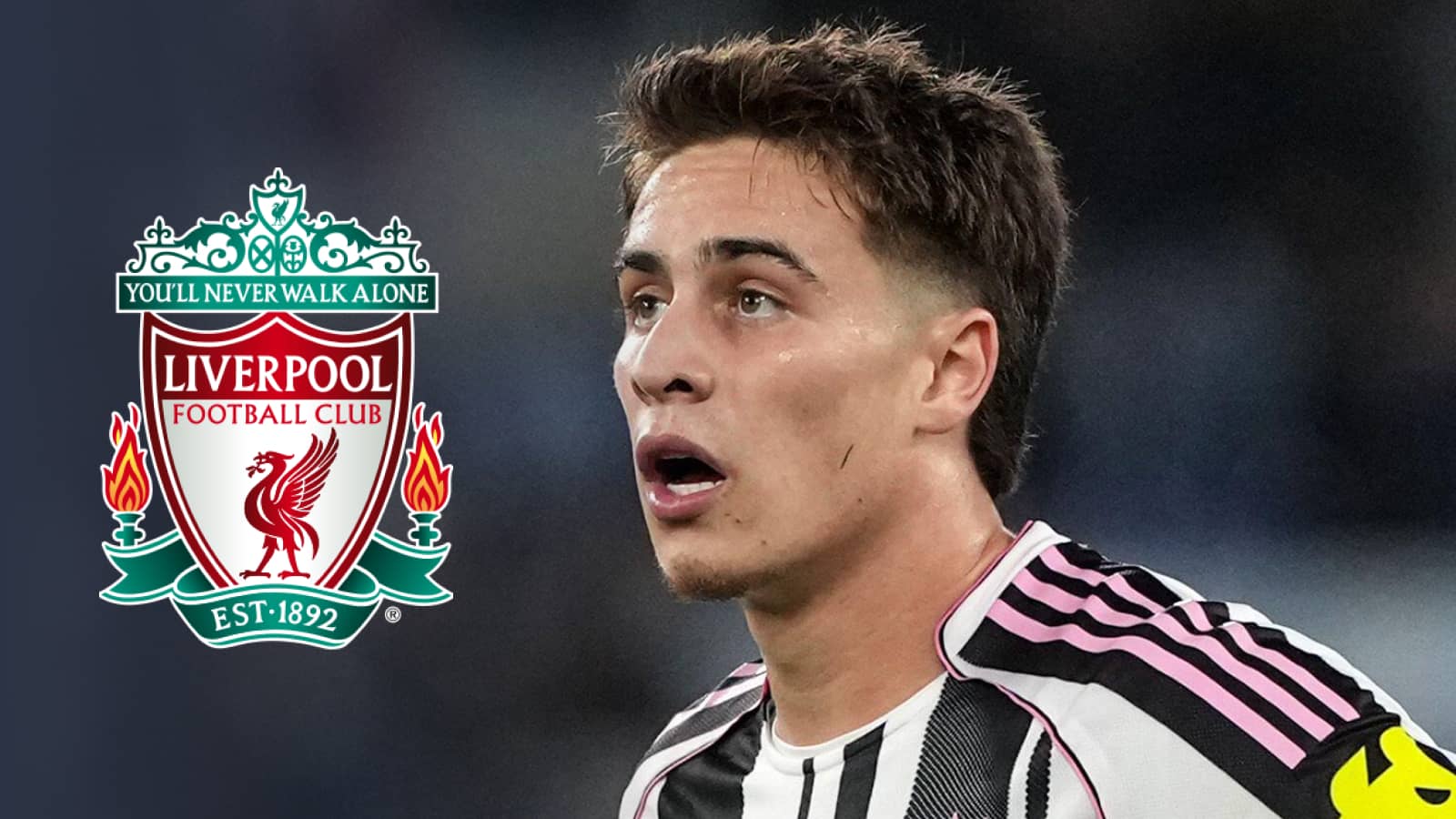 Juventus star Kenan Yildiz with a Liverpool badge