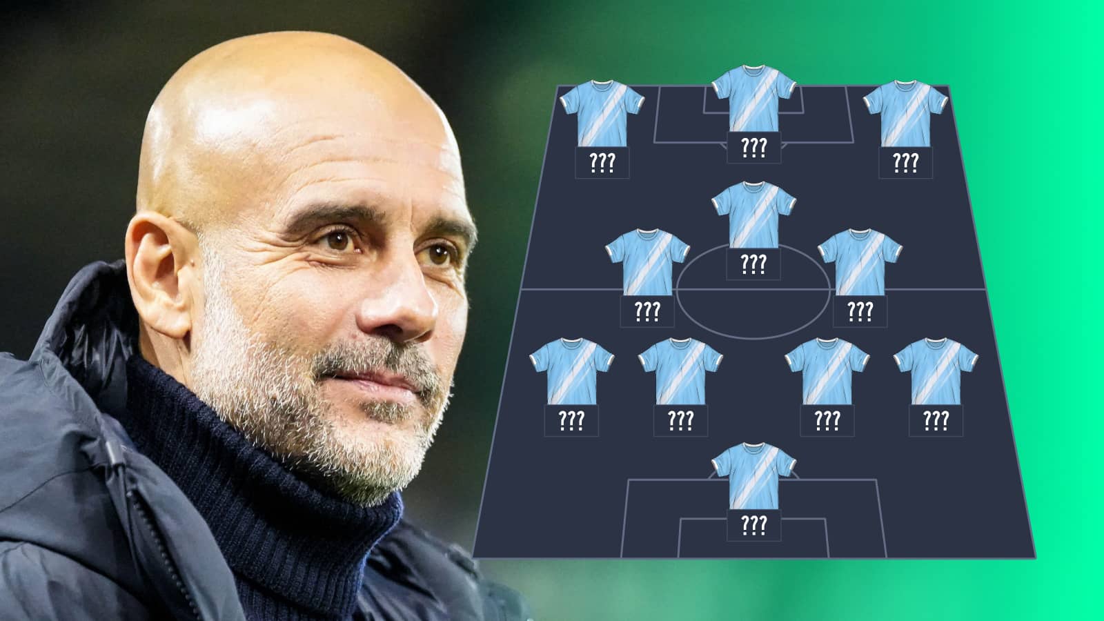 Pep Guardiola pictured next to a Manchester City lineup graphic