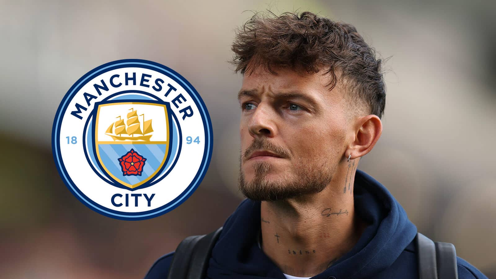 Arsenal defender Ben White next to the Manchester City badge - copyright TEAMtalk
