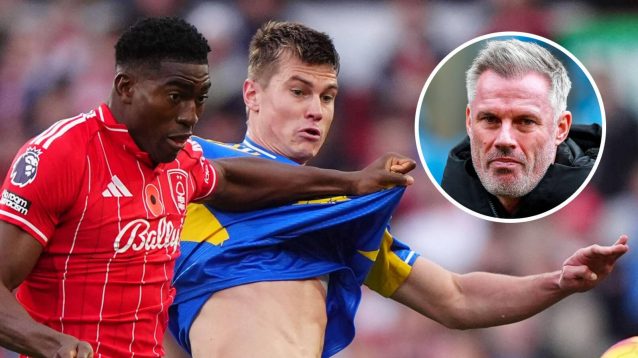 Leeds defender Jaka Bijol wrestles with Nottingham Forest's Taiwo Awoniyi while pundit, Jamie Carragher, is inset