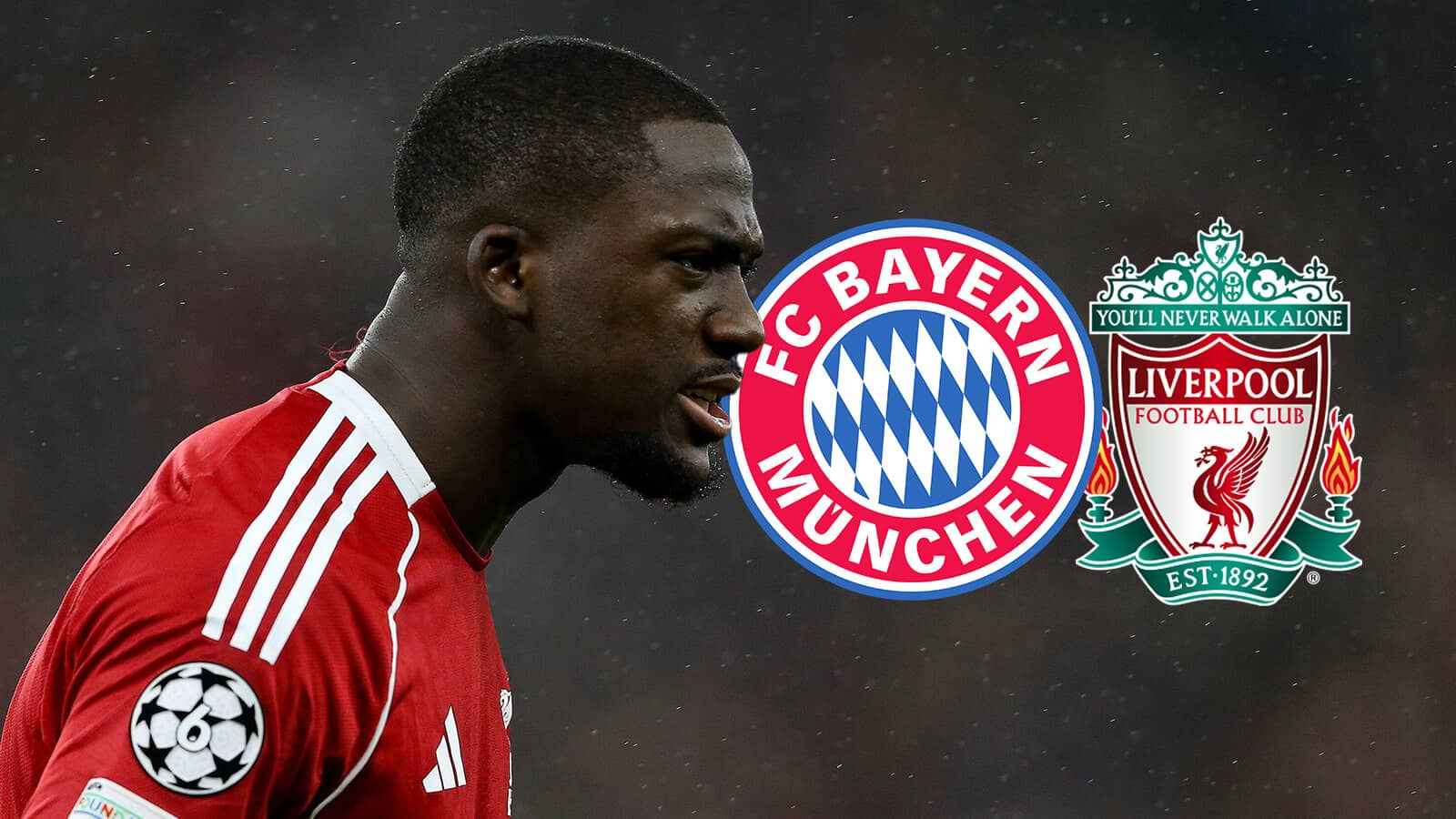 Liverpool star Ibrahima Konate next to the Bayern Munich and Liverpool club crests