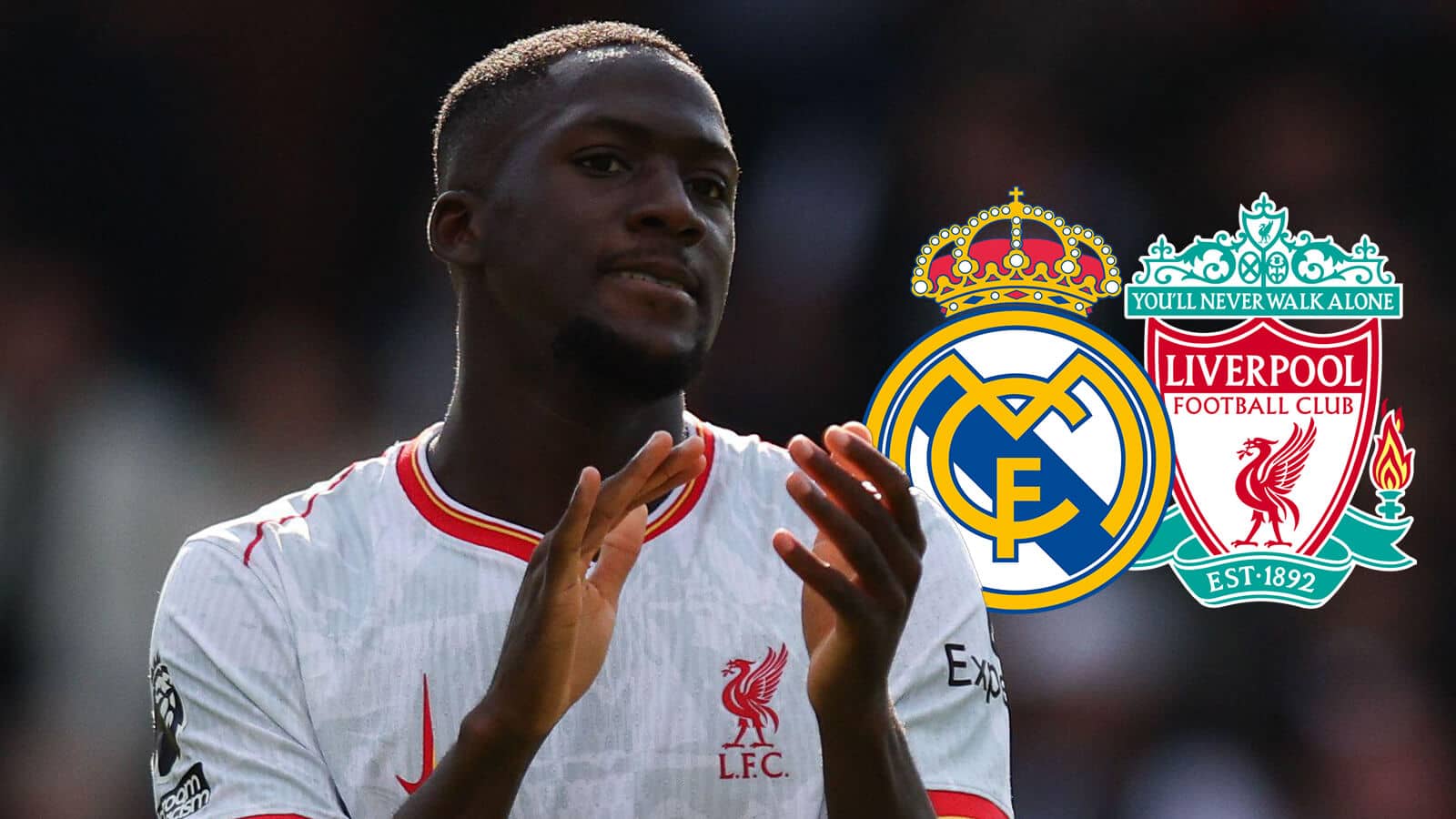 Liverpool defender Ibrahima Konate next to the club crests of Real Madrid and Liverpool FC
