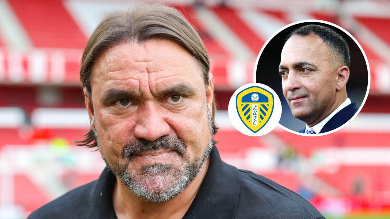 Leeds United chairman Paraag Marathe, inset, next to the Leeds United badge and manager Daniel Farke