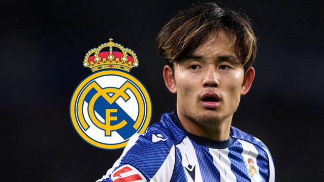 Real Sociedad star Takefusa Kubo next to the Real Madrid badge - copyright TEAMtalk