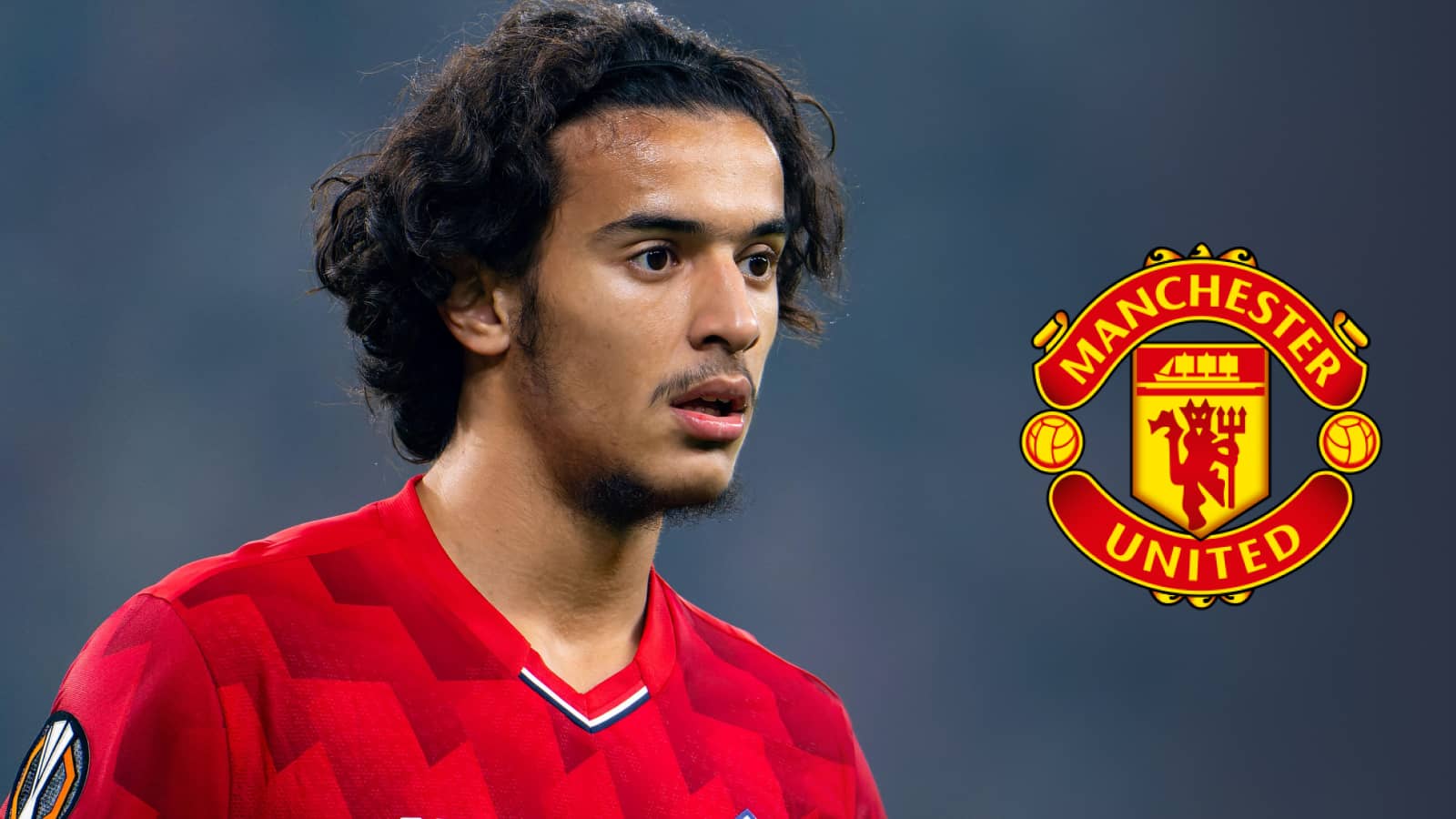 Lille star Ayyoub Bouaddi alongside a Manchester United badge