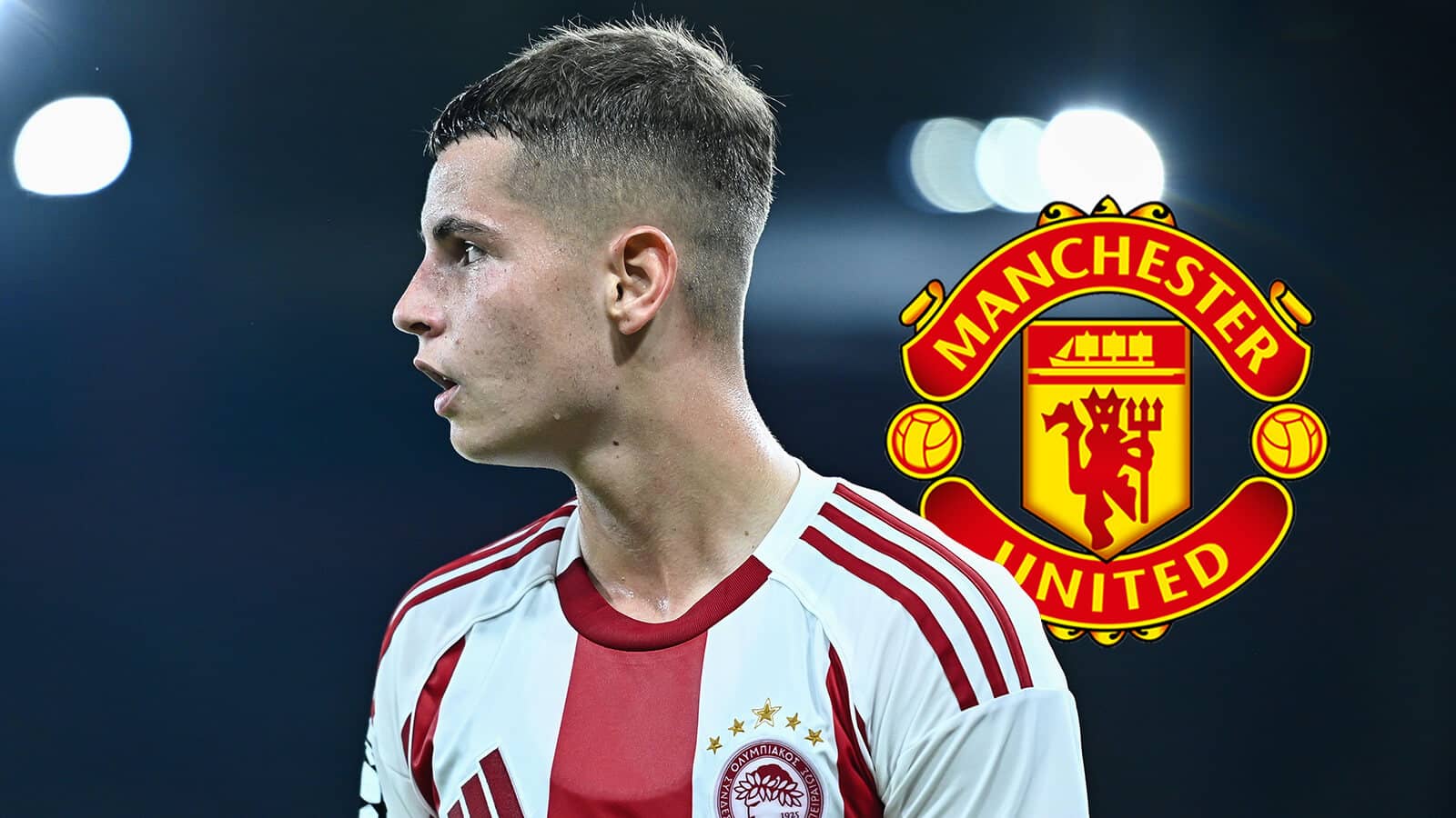 Olympiacos midfielder Christos Mouzakitis next to the Manchester United badge - copyright TEAMtalk