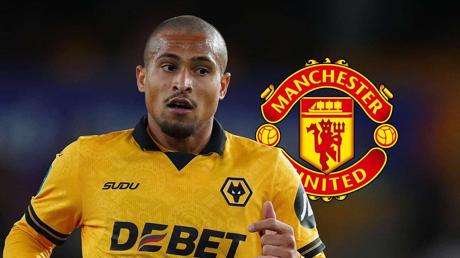 Wolves star Joao Gomes, next to the Manchester United badge - copyright TEAMtalk