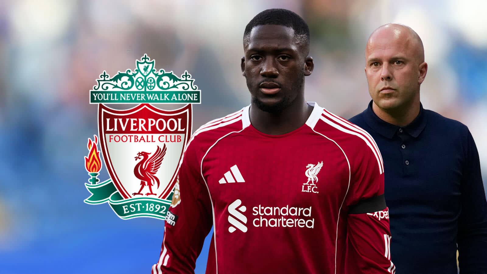 Ibrahima Konate, Arne Slot with Liverpool badge