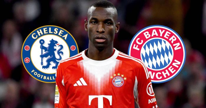 Nicolas Jackson between the Chelsea and the Bayern Munich badges - copyright TEAMtalk