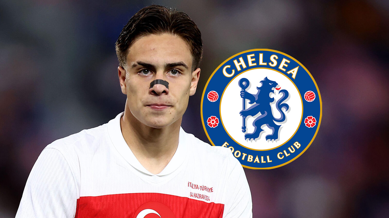 Juventus ace Kenan Yildiz with Chelsea badge