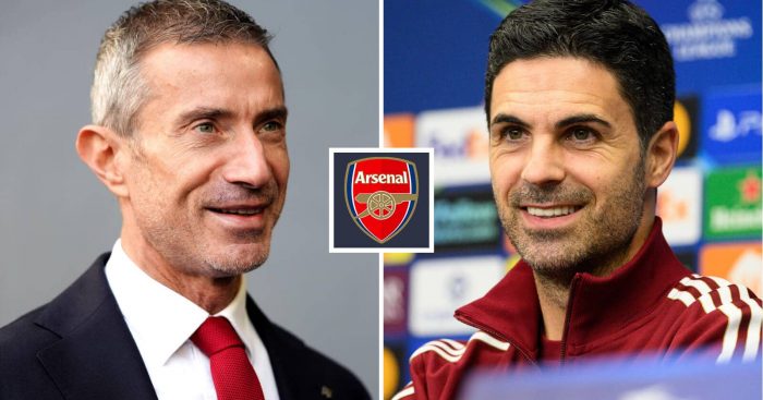 Split image of Arsenal manager Mikel Arteta and sporting director Andrea Berta with the Arsenal badge between them - copyright TEAMtalk