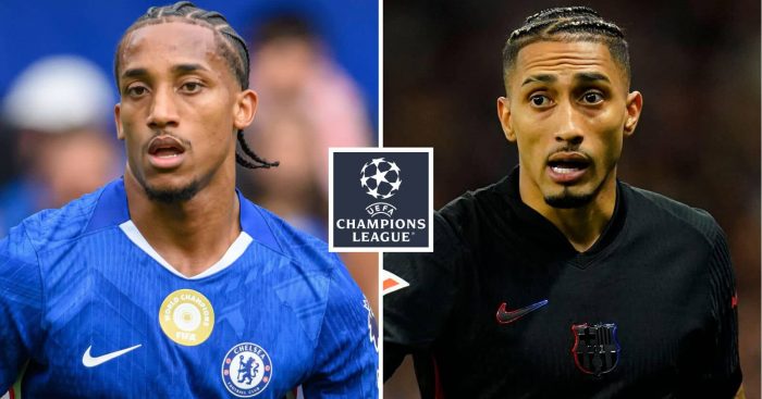 Chelsea striker Joao Pedro and Barcelona star Raphinha either side of the Champions League logo