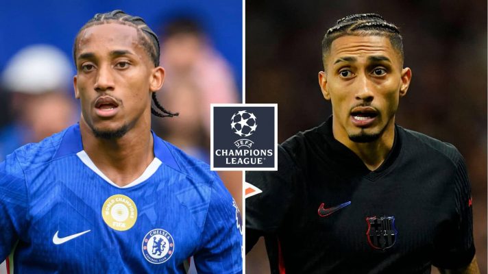 Chelsea striker Joao Pedro and Barcelona star Raphinha either side of the Champions League logo