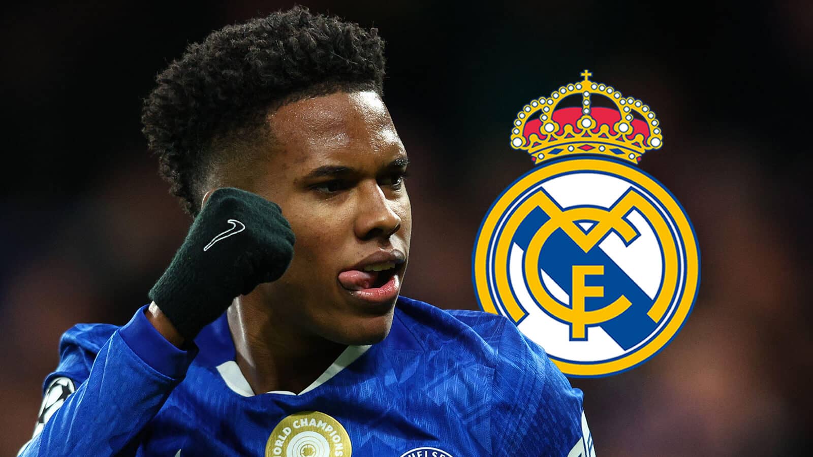 Chelsea star Estevao next to the Real Madrid badge - copyright TEAMtalk