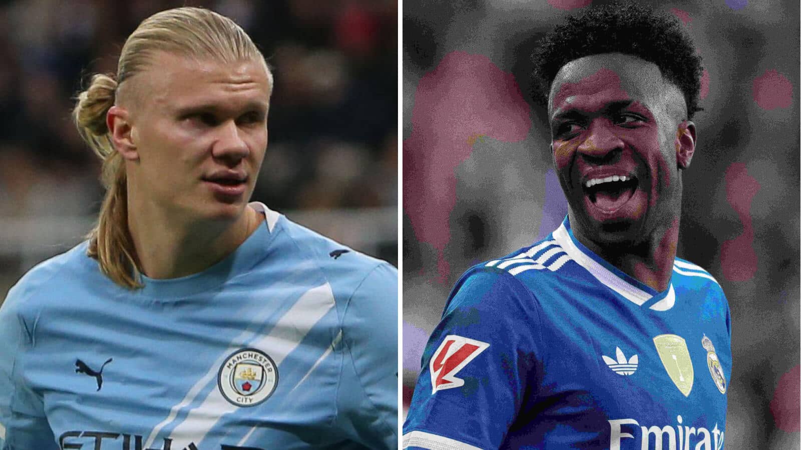 Split image of Manchester City striker Erling Haaland and Real Madrid winger Vinicius Junior - copyright TEAMtalk