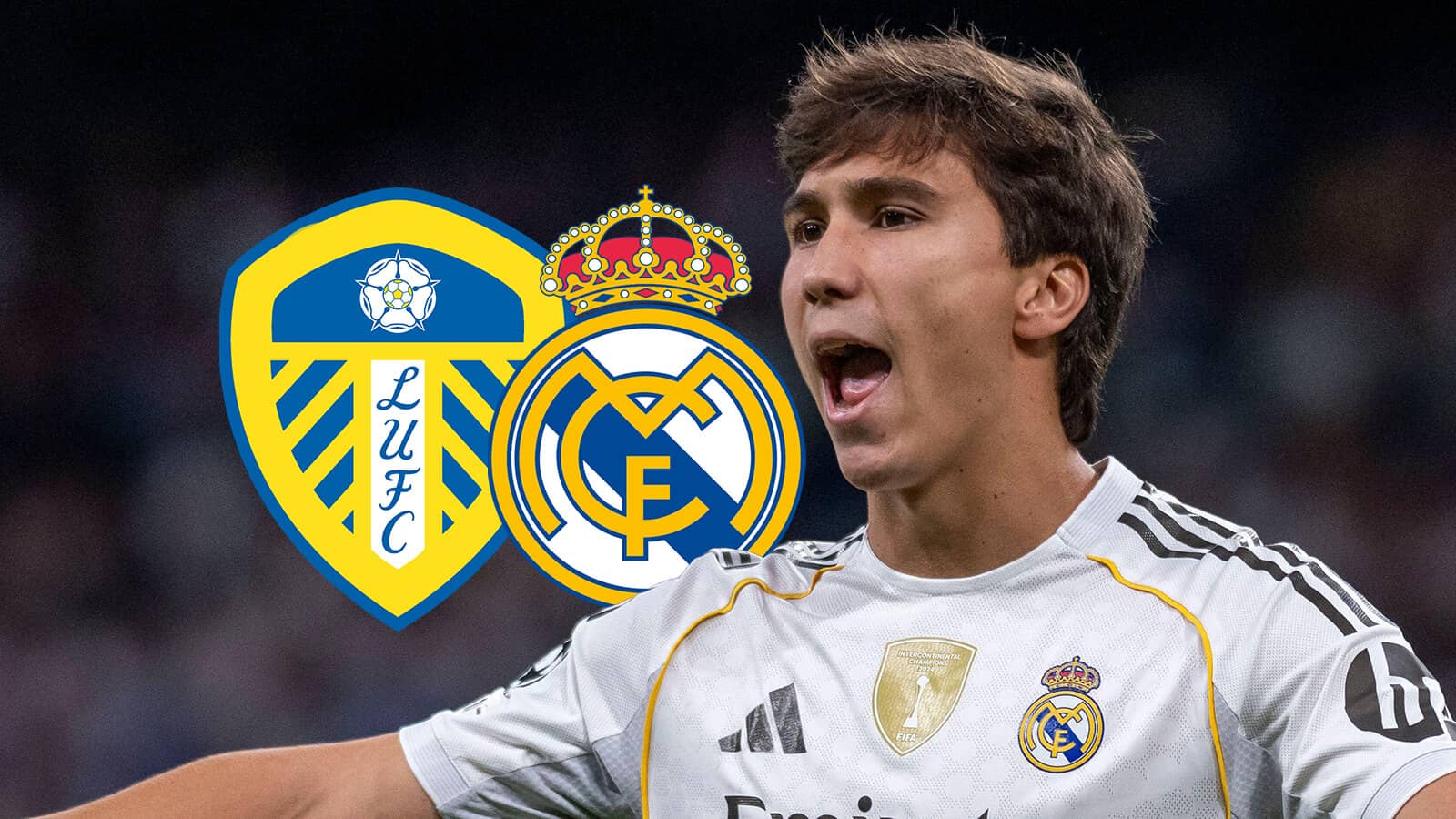 Leeds United badge, Real Madrid badge and Gonzalo Garcia - copyright TEAMtalk
