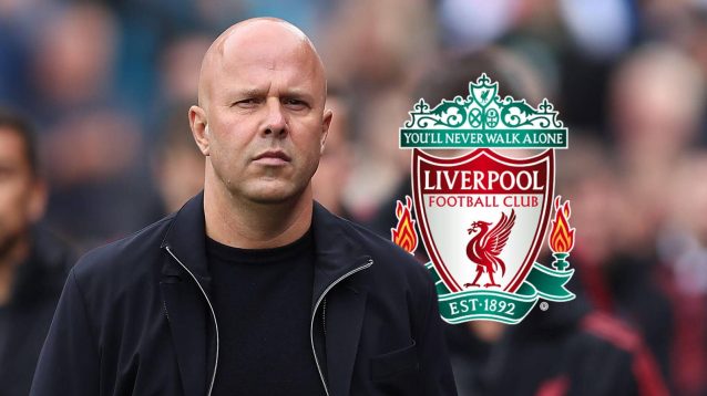 Arne Slot with a Liverpool badge