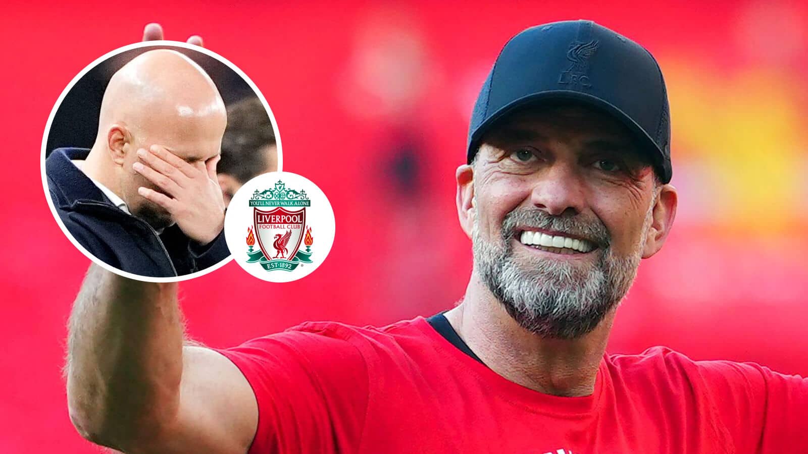 Former Liverpool manager Jurgen Klopp and his struggling successor, Arne Slot, inset, next to the Liverpool FC club crest
