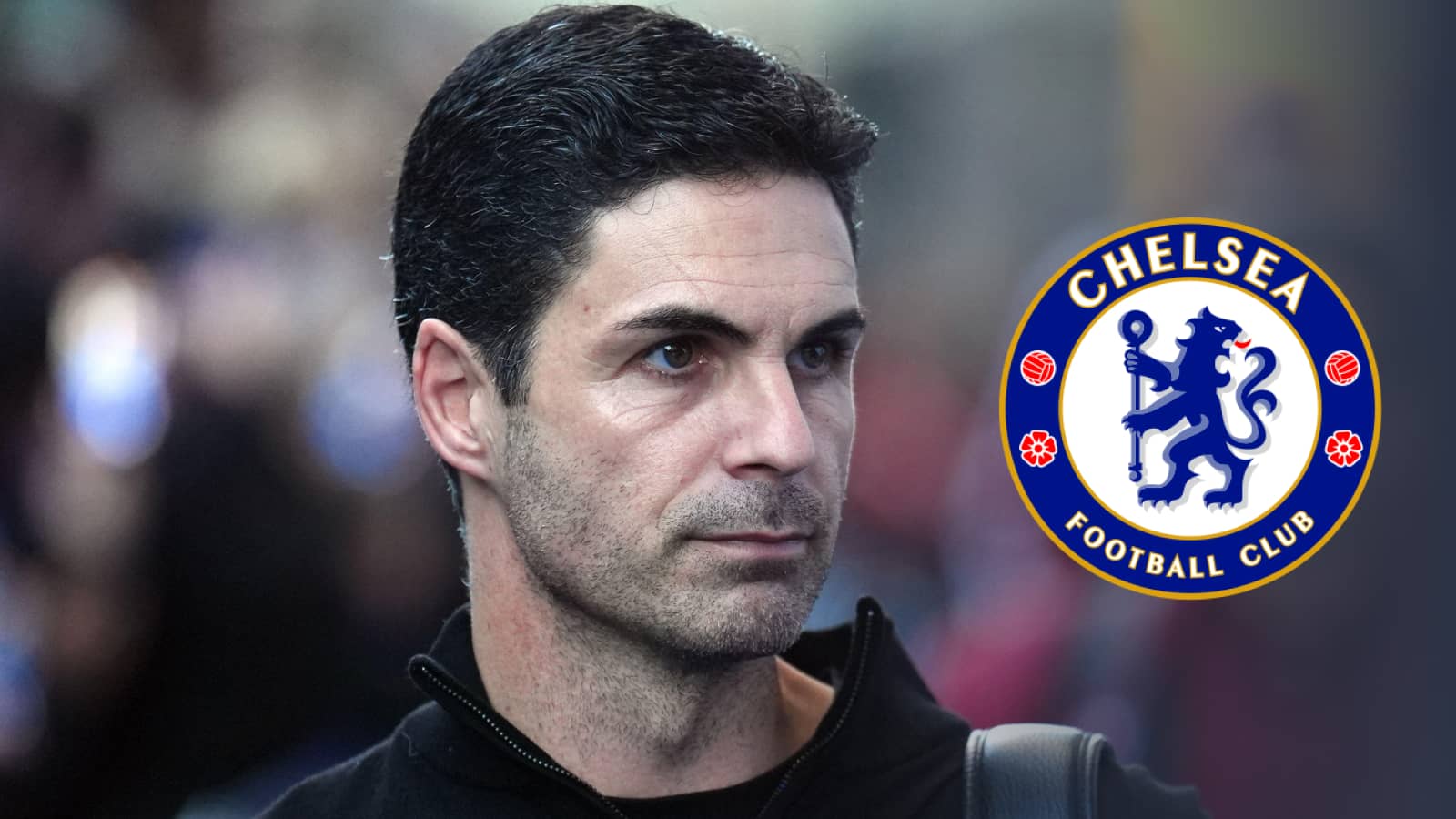 Arsenal manager Mikel Arteta with a Chelsea badge