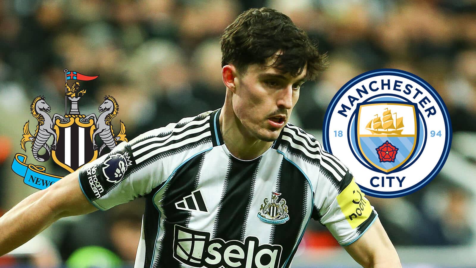 Newcastle United badge, Tino Livramento, Manchester City badge - copyright TEAMtalk