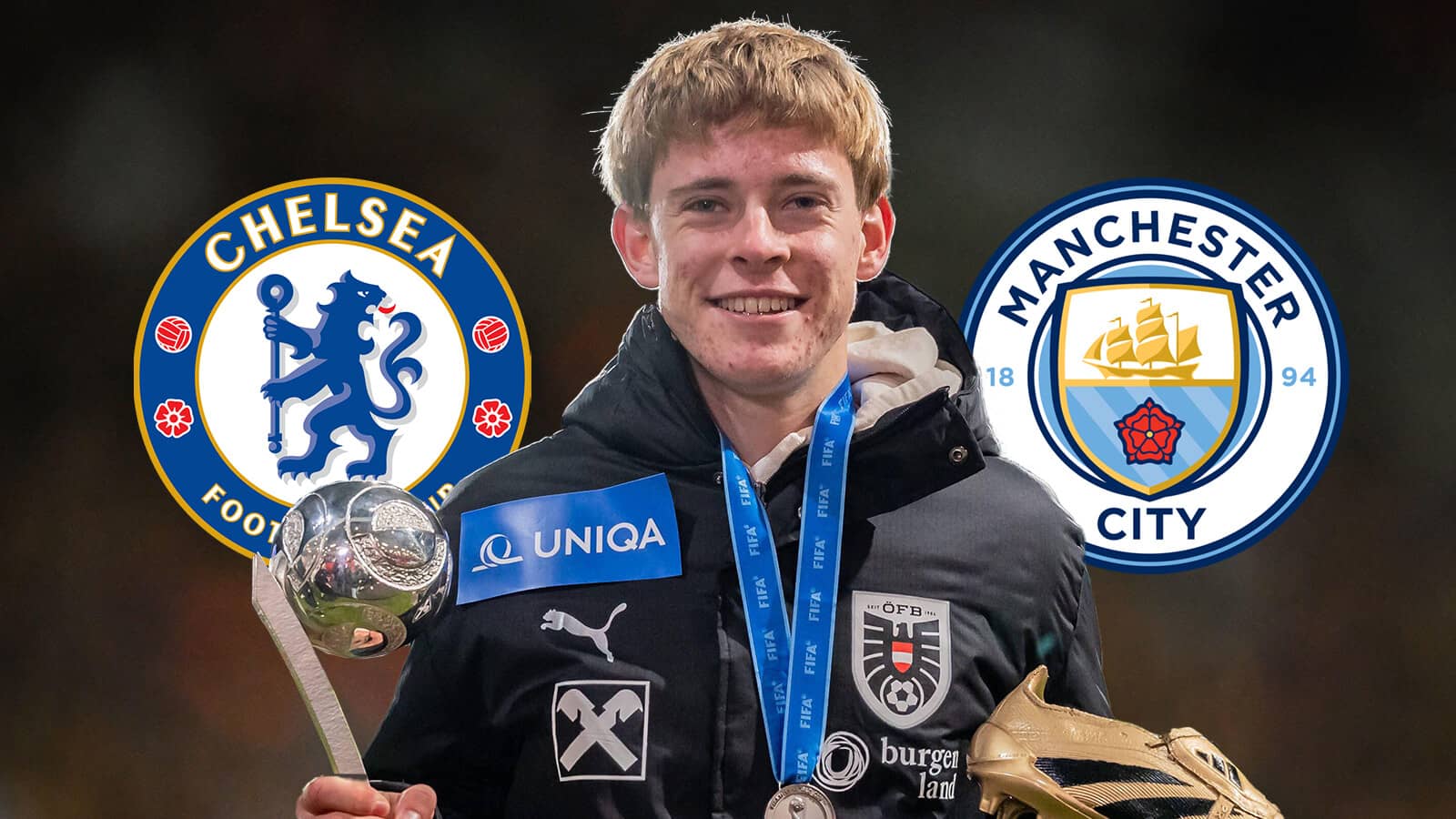 Chelsea badge, Johannes Moser and Manchester City badge - copyright TEAMtalk