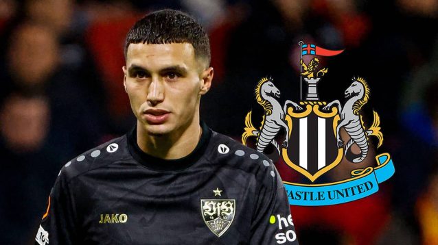 Bilal El Khannouss next to the Newcastle United badge - copyright TEAMtalk