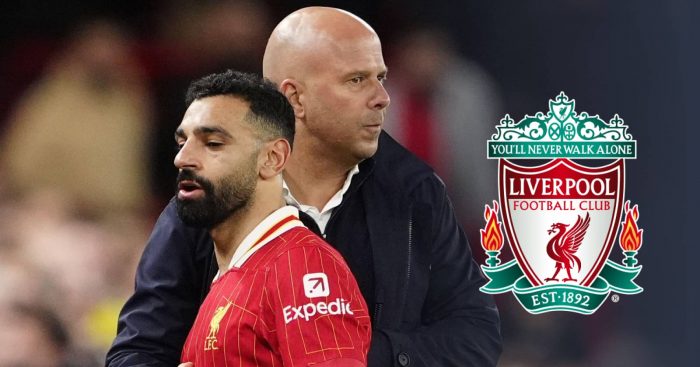 Mohamed Salah,Arne Slot and Liverpool badge - copyright TEAMtalk