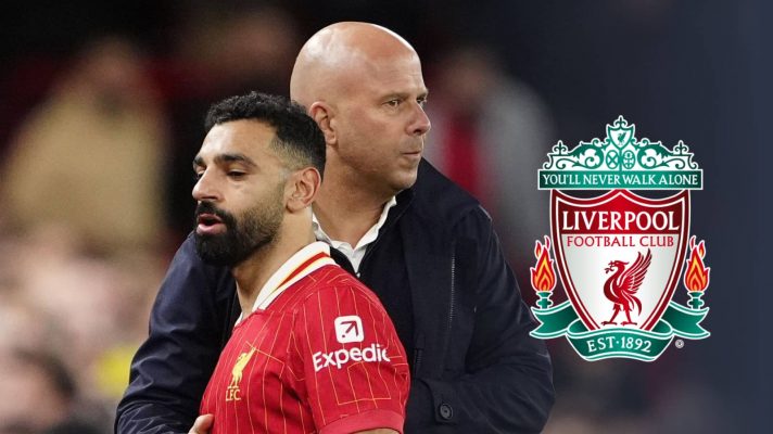 Mohamed Salah,Arne Slot and Liverpool badge - copyright TEAMtalk