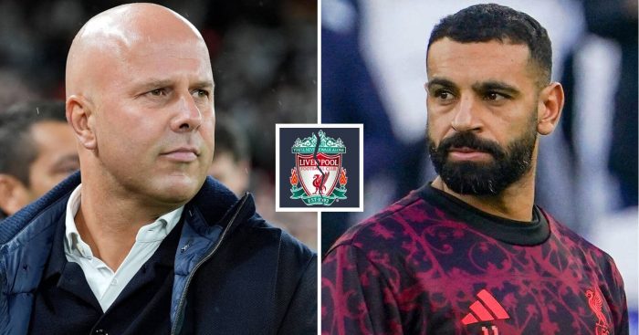 Split image of Arne Slot and Mohamed Salah with the Liverpool badge between them - copyright TEAMtalk