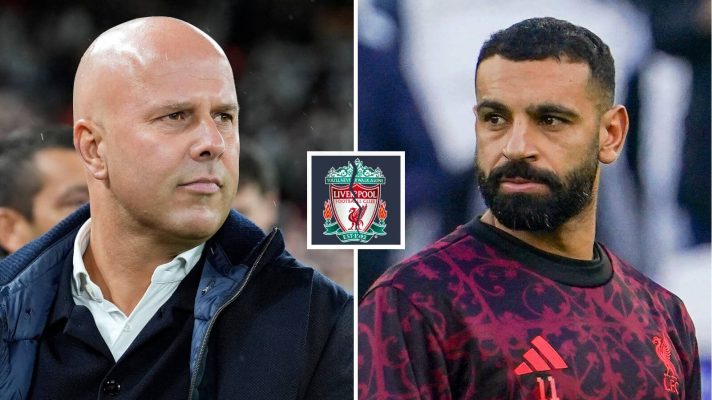 Split image of Arne Slot and Mohamed Salah with the Liverpool badge between them - copyright TEAMtalk