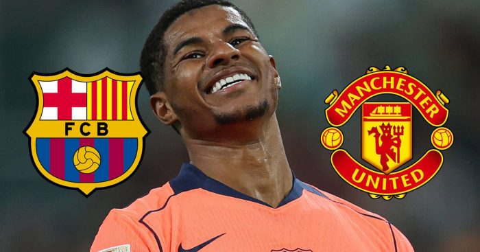 Barcelona badge, Marcus Rashford, Manchester United badge - copyright TEAMtalk