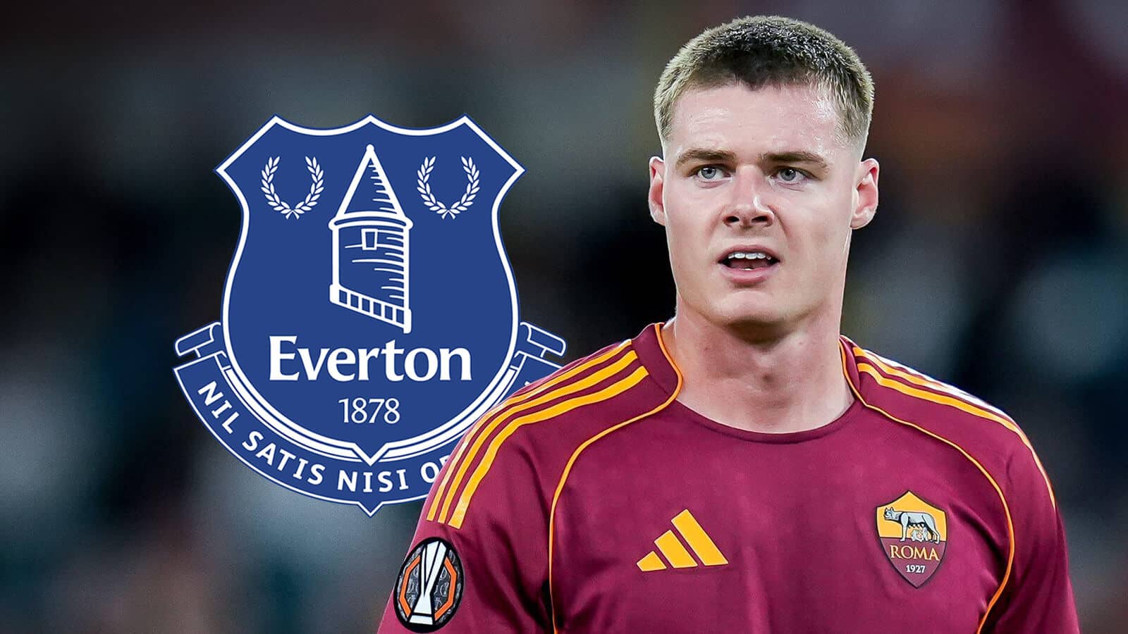 Roma striker Evan Ferguson with an Everton badge